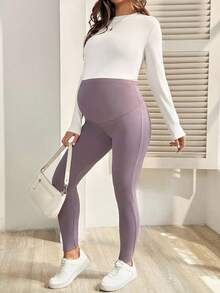 SHEIN Maternity Solid Color Adjustable Waist Casual Leggings Purple Winter Warm - Multicolor - View 7