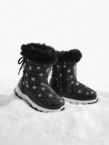JNSQ 1双儿童/青少年黑色卡通雪花时尚保暖雪地靴，带魔术贴，舒适休闲冬季靴，适合日常穿着和运动（图案随机） - 黑色 - 查看 4
