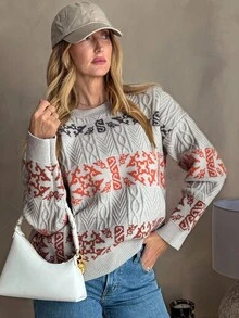 Vivie Lora Suéter feminino de corte solto e cores contrastantes, outono/inverno - Caqui - Ver 2