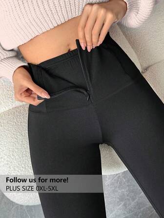 Firerie 大码休闲高腰弹力黑色喇叭裤，带拉链口袋，适合春夏秋季日常通勤和运动