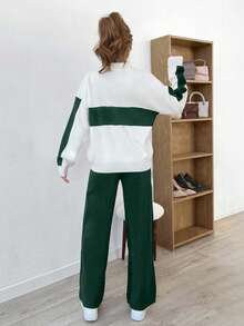 Women Half Zip Black Stripes Detailed Sweater And Sweater Pant 2 Pieces Set Co-Ords - Dark Green - View 2