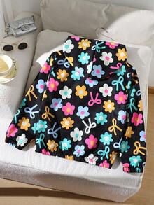 Girl's Casual All-Match Hooded Jacket In Dark Blue With Lovely Hand-Painted Colorful Flower Pattern, Zipper Front, Suitable For Home, Daily Wear, Fall And Winter, Windproof And Rainproof, Ideal For Ou