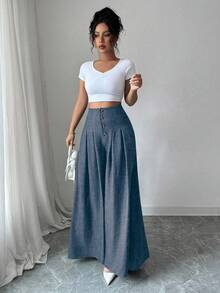 Elenzga Women's Fashionable Versatile Solid Color Wide Leg Pants