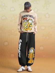 GARFIELD | SHEIN 男士休闲字母和卡通图案抽绳运动裤，秋季 - 黑色 - 查看 7