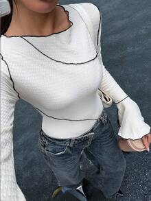 Siren Gaze Women's Casual Commuter Flare Sleeve Contrast Stitch Fitted T-Shirt, Elegant White Long Sleeve Top,Going Out Top, Country Concert,Autumn/Winter - Apricot - View 7