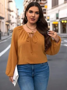 SHEIN LUNE Plus Size Casual Solid Color Lantern Sleeve Shirt For Autumn For New Year Clothes - Yellow - View 4