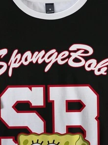 SpongeBob SquarePants | SHEIN Men's Colorblock Letter & Cartoon Graphic Short Sleeve T-Shirt, Summer - White - View 4