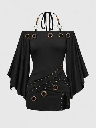 Grunge Punk T-shirt femme à manches chauve-souris avec décorations œillets vintage et épaules dénudées