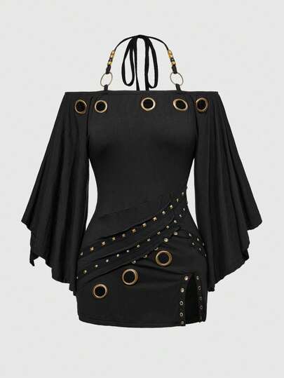 Grunge Punk T-shirt femme à manches chauve-souris avec décorations œillets vintage et épaules dénudées