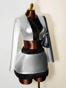 Mistrie Flannelette Collar Faux PU Leather Crop Jacket - Silver - View 5