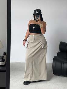 POPSWAY 大码休闲复古简约美式街头风工装裙 - 卡其色 - 查看 4