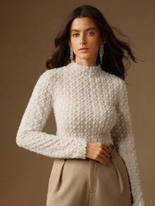 Anewsta Elegante blusa de gola alta com renda flocada para mulheres, top de alta qualidade para outono/inverno