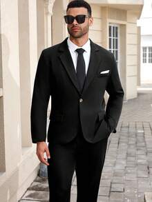 Manfinity Mode Plus Size Men's Lapel NeckLong Sleeve Single-Breasted Jacket And Pants Business Suit Set - Black - View 5