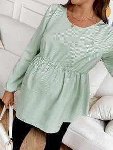 SHEIN 孕妇条纹圆领灯笼袖宽松罩衫 - 綠色 - 查看 3