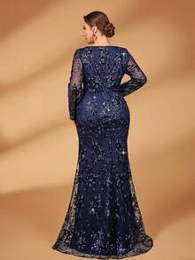 Serin Plus Size Navy Blue Winter Formal Elegant Evening Formal Wedding Guest Dress,Luxurious Asymmetrical Collar Sequin Floral Embroidered Fishtail Gown - Blue - View 4