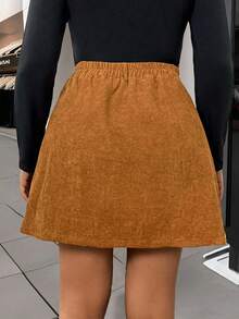 Easura Plus Size Corduroy A-Line Zipper Pocket Decorated Midi Skirt