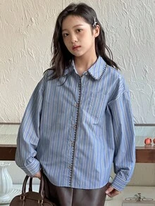 DAZY 女童条纹领长袖梭织衬衫，秋季 - 藍色 - 查看 3