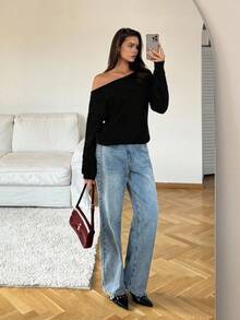 SHEIN Tall Damen Einfarbiger Asymmetrischer Ausschnitt Lässiger Langarm Roter Pullover Für Lässig Party Elegant Zuhause Sexy Herbst Winter Lässig Weihnachten Halloween Neujahr Asymmetrisches Oberteil - Schwarz - Übersicht 5