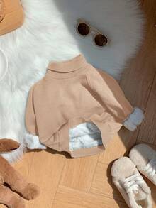 SHEIN 男婴/女婴杏色柔软针织高领毛衣，温暖休闲套头衫，适合上学、居家、户外、秋冬季 - 杏色 - 查看 7