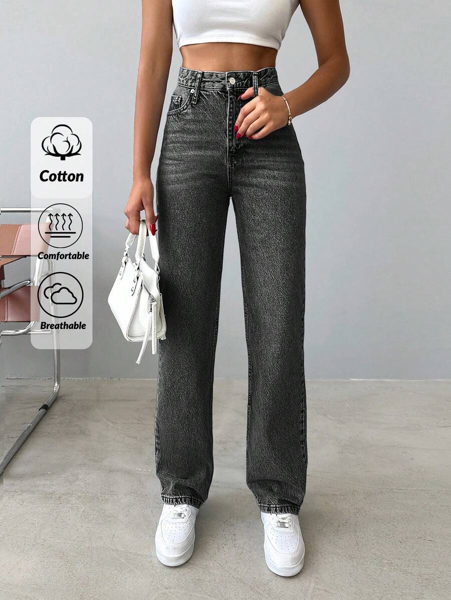 SHEIN Tall Tall High Waist Snow Wash Straight Jean - Light Grey - View 1