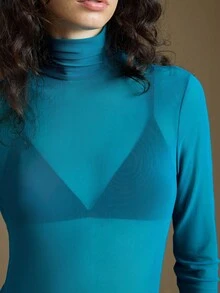 Ontre 2026 Spring/Summer New Women Sheer Mesh Turtleneck Top, Minimalist Versatile Business Casual Office Wear - Blue - View 4