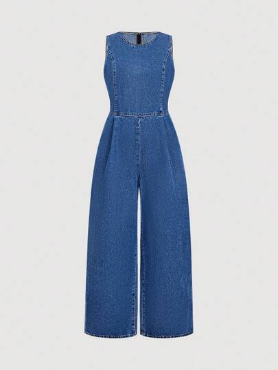 SHEIN MOD Plus Size Women's Round Neck Sleeveless Pleated Wide Leg Casual Denim Jumpsuit