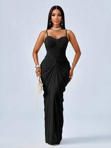 SOLERSUN 女式新款杏色网眼欧美时尚优雅宴会派对性感单肩褶皱腰身修身连衣裙优雅弹力针织春秋优雅女士连衣裙女士连衣裙优雅女士正式优雅女士连衣裙女士正式优雅服装 - 黑色 - 查看 3