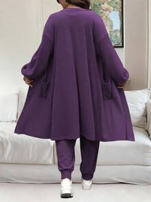 Vionelle Bộ đồ liền thân không tay màu trơn cỡ lớn và áo khoác cardigan dài tay 2 món màu tím Bộ đồ hai mảnh cho nữ Bộ quần cỡ lớn cho nữ Bộ đồ mặc nhà màu tím cho nữ Bộ đồ hai mảnh cỡ lớn cho nữ Bộ đồ ba mảnh màu tím cho nữ - Màu tím - Xem 2