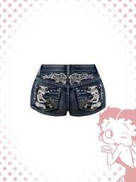 Betty Boop | ROMWE Pantalones cortos vaqueros de mujer con bordado de pistola, de talle súper bajo y súper cortos, de estilo vintage Y2K punk