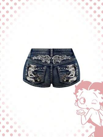 Betty Boop | ROMWE Short en jean femme taille super basse, style vintage Y2K punk, avec broderie de pistolet