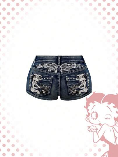 Betty Boop | ROMWE Spring/Summer Vintage Y2K Punk Style Super Low Waist Super Short Embroidered Pistol Women's Denim Shorts