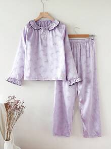 2pcs/Set Teen GirlCute Butterfly Jacquard Long Sleeve Top And Pants Elegant Loungewear Girls Satin Pajamas Purple Pajamas Set Purple Pjs For Girls Fall Winter - Mauve Purple - View 1
