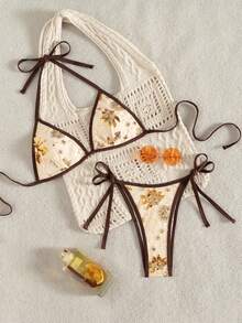 Bonvoyette Summer New Champagne Solid Color High-End Embroidered Sequin Shiny Viral Party Afternoon Tea Gathering Supportive High Cut Side Tie Bikini Two Pieces Swimsuit For Women Boho Bathing Suit Boho Bikini Bathing Suits For Women Boho Crochet Bathing Suit Crochet Bikini Boho Bikini Set Women Two Piece Sets Swimsuit Vacation Bikini Set Boho Swimsuit Triangle Bikini Set - Multicolor - View 3