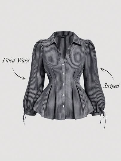 SHEIN MOD Plusstorlek elegant randig långärmad skjorta för kvinnor, åtsittande blus med puffärm, lämplig för arbete och fritidskläder, smickrande silhuett