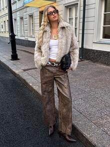 SHEIN EZwear 女士复古仿皮草大衣，秋冬时尚 - 杏色 - 查看 5