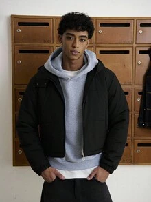 TOKVUE Áo khoác nam màu trơn đơn giản, có mũ trùm đầu, đi làm hàng ngày, mùa đông - màu đen - Xem 1