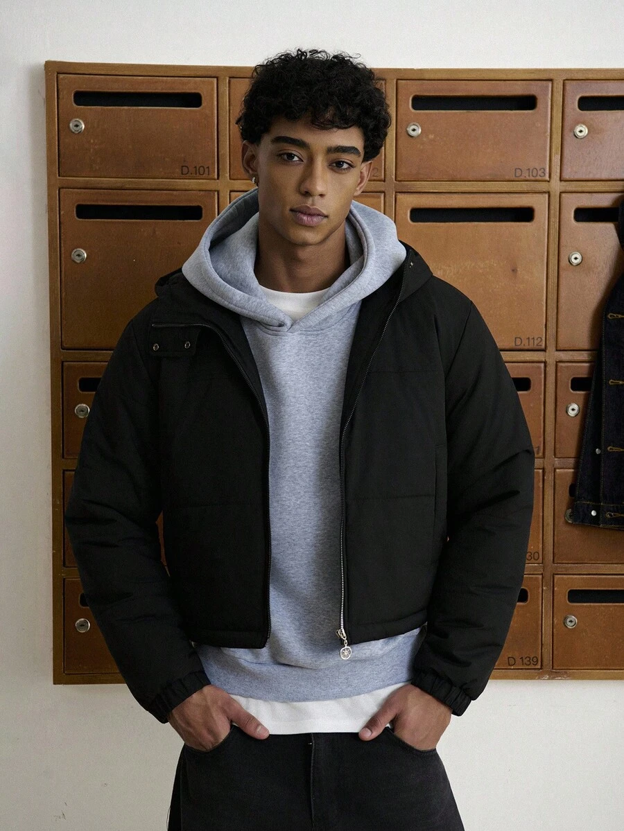 TOKVUE Áo khoác nam màu trơn đơn giản, có mũ trùm đầu, đi làm hàng ngày, mùa đông - màu đen - Xem 1