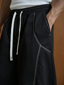 TOKVUE Men Casual Contrast Stitching Drawstring Waist Wide Leg Pants, Fall - Black - View 5