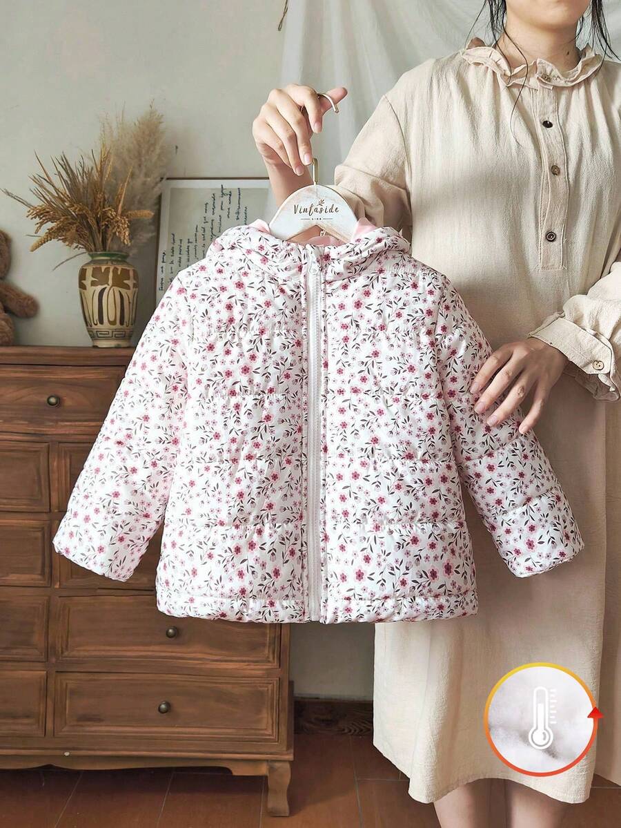 SHEIN 少女碎花拉链连帽夹克，冬季 - 彩色 - 查看 1