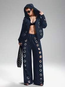 LYSMO Plus Size Fashionable Avant-Garde Loop Design Casual Loose Fit Wide Leg Sweatpants, Autumn/Winter Grommet Pants - Navy Blue - View 6