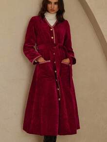 GENKIRA Jaket Wanita Model V-Neck dengan Ikat Pinggang, Jaket Ikat Pinggang Kelas Atas - Merah - View 4