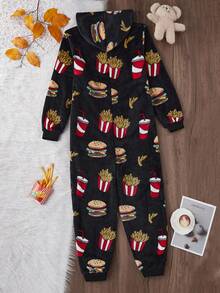 Teenage Boys' Hamburger, Fries And Soda Graphic Plush Hooded Long Sleeve Jumpsuit, Soft Plush Fabric, Casual Streetwear And Loungewear For Winter Holidays,Christmas Clothes