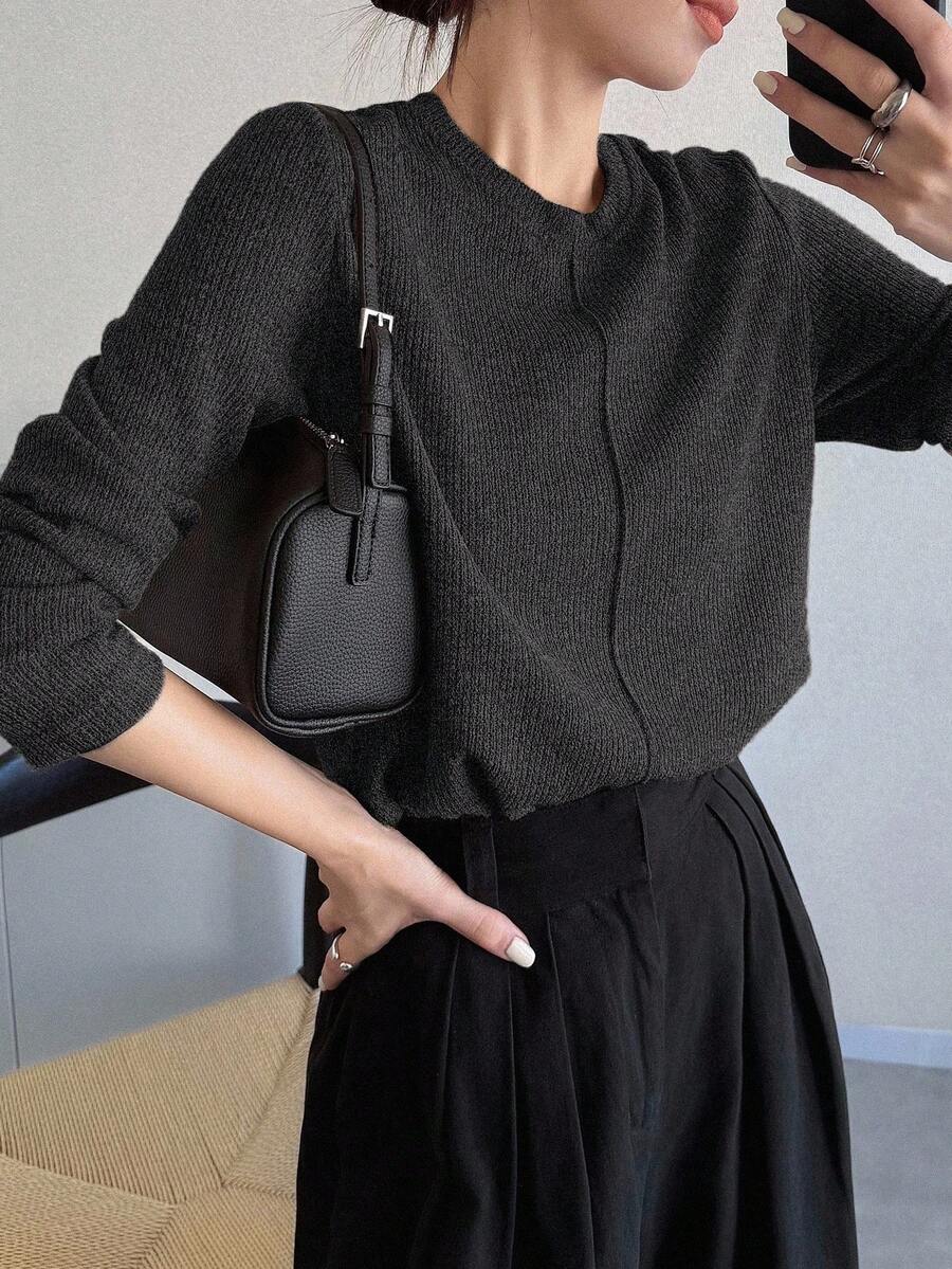 FRIFUL 女式纯色卡其色圆领长袖宽松休闲百搭T恤，秋季 - 黑色 - 查看 1