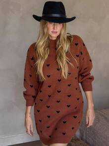 Vivie Lora Women's Loose Heart All-Over Print Knee-Length Sweater Dress - Orange - View 6