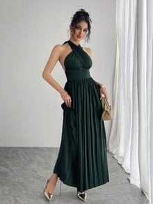 Livesso Women's Halter Neck Long Slit Dress - Black - View 5