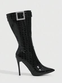 Daringsoles 女式新款尖头细跟过膝黑色高跟靴，时尚性感中筒靴，适合秋冬 - 黑色 - 查看 3