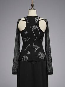 ROMWE Áo hở vai in họa tiết bộ xương động vật và con người theo phong cách Gothic dành cho nữ - màu đen - Xem 2