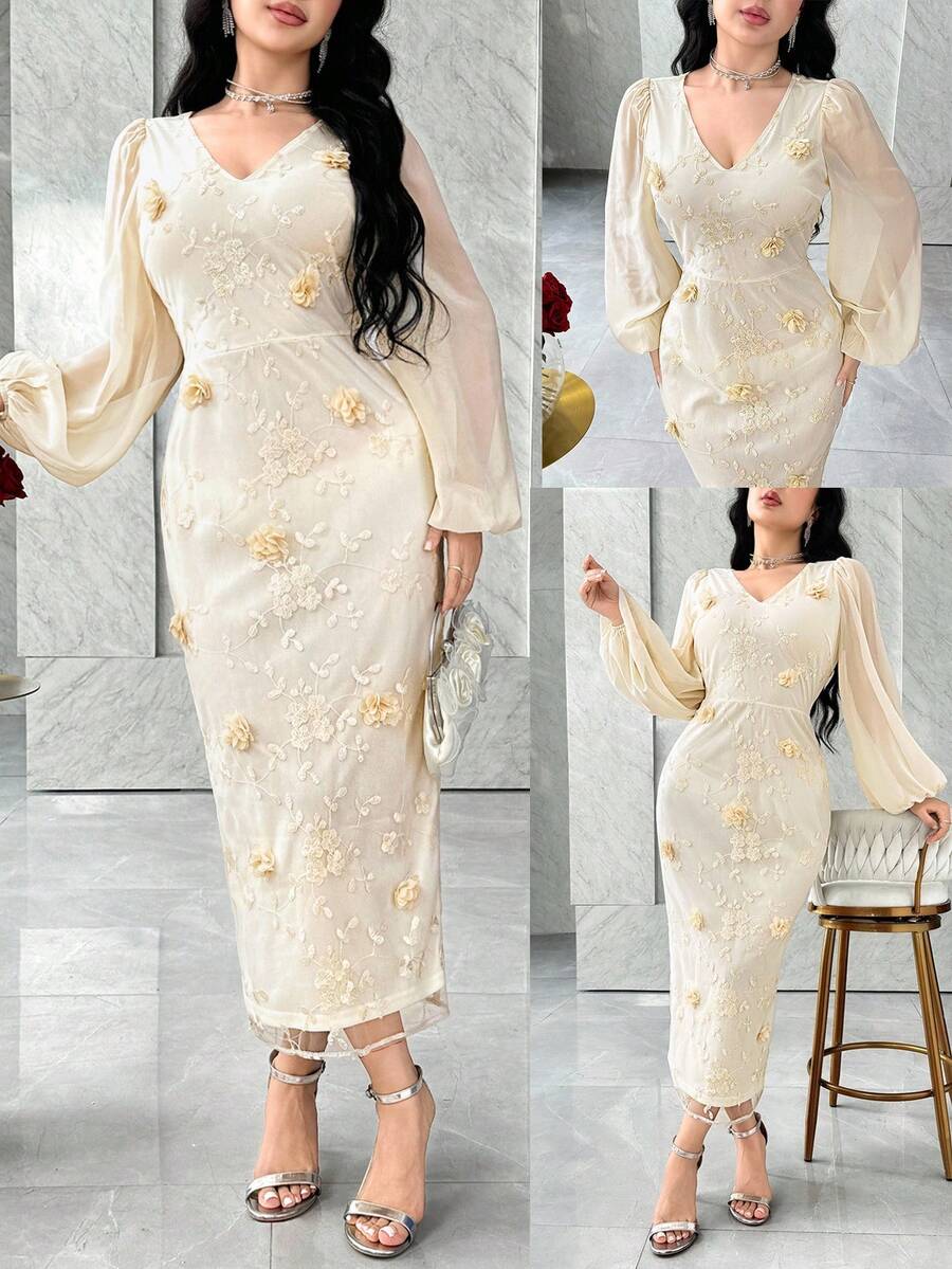 Modelyn Women's Elegant 3D Floral Embroidery Dress - Apricot - View 1