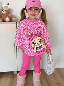 SHEIN Happikins 2 Stücke/Set Mädchen Lässig Süß Lustiges Cartoon Muster, Süßes Rosa Leoparden Muster, Rundhals Langarm Sweatshirt und Leggings Set, Geeignet für Herbst/Winter Herbst Mädchen Leggings Set Rosa Mädchen Outfit Sweatshirt Set für Mädchen - Verschiedenfarbig - Übersicht 1