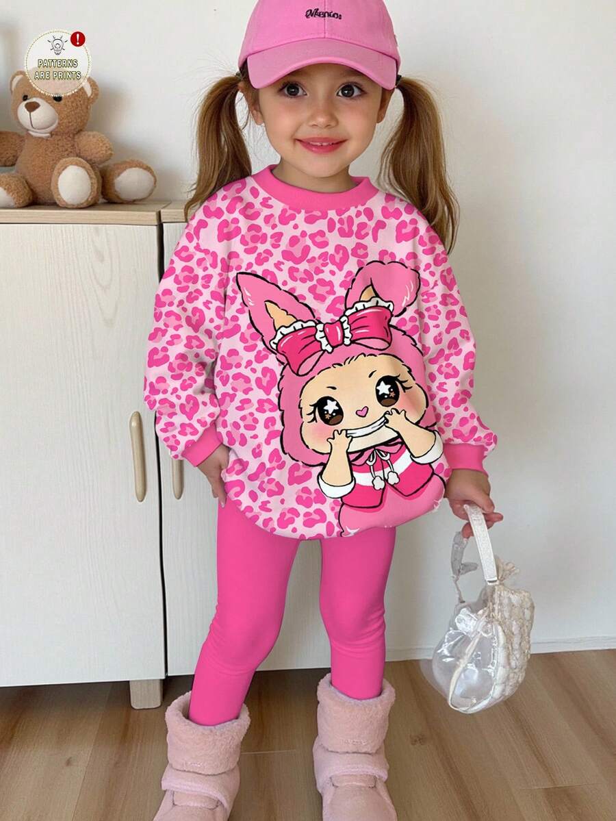SHEIN Happikins 2 Stücke/Set Mädchen Lässig Süß Lustiges Cartoon Muster, Süßes Rosa Leoparden Muster, Rundhals Langarm Sweatshirt und Leggings Set, Geeignet für Herbst/Winter Herbst Mädchen Leggings Set Rosa Mädchen Outfit Sweatshirt Set für Mädchen - Verschiedenfarbig - Übersicht 1